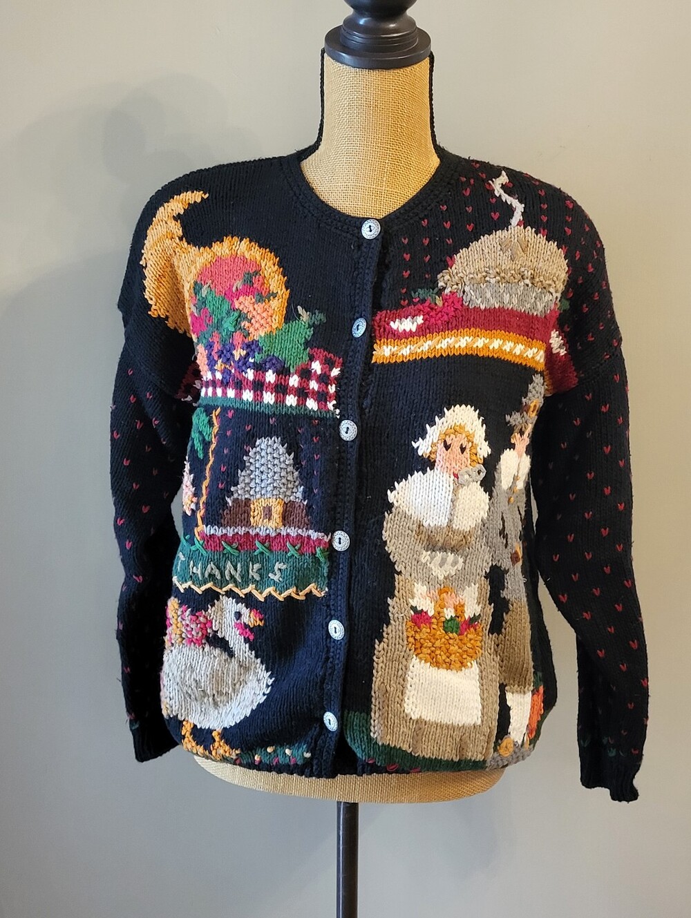 Signature By Northern Isles Novelty Thanksgiving Cardigan Hand Knit Large
